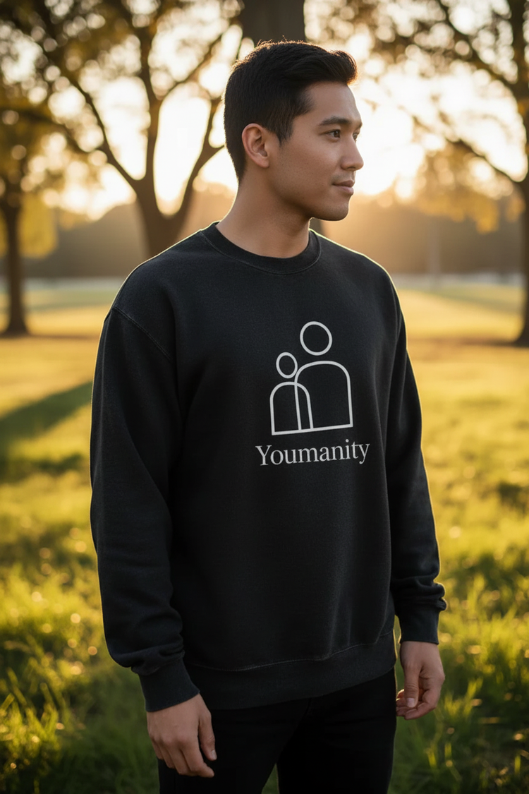 Youmanity™ Black Crewneck — Large Center Print with ™