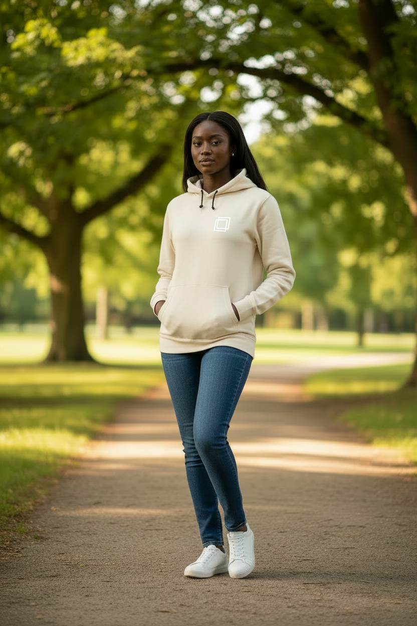 Frame Hoodie™ Bone — Lifestyle (White Symbol)