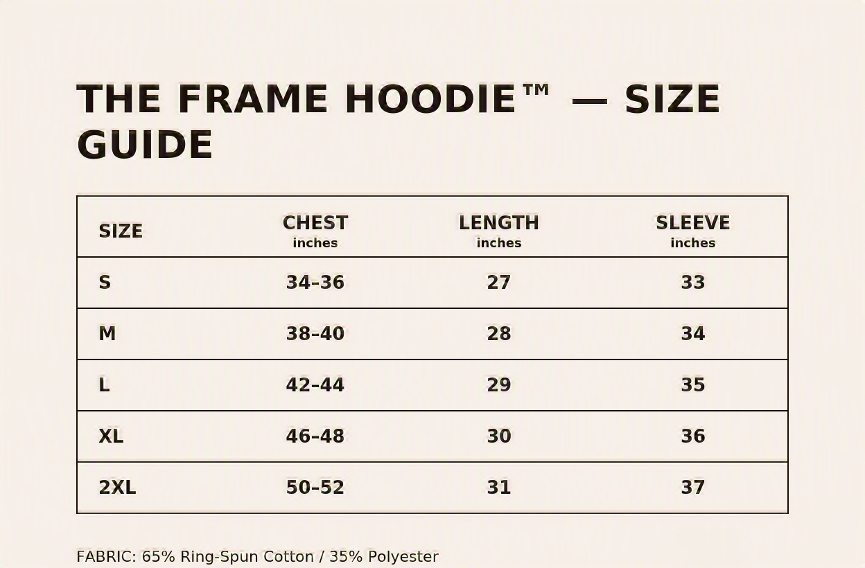 Frame Hoodie™ size guide — S, M, L, XL, 2XL measurements for chest, length, and sleeve