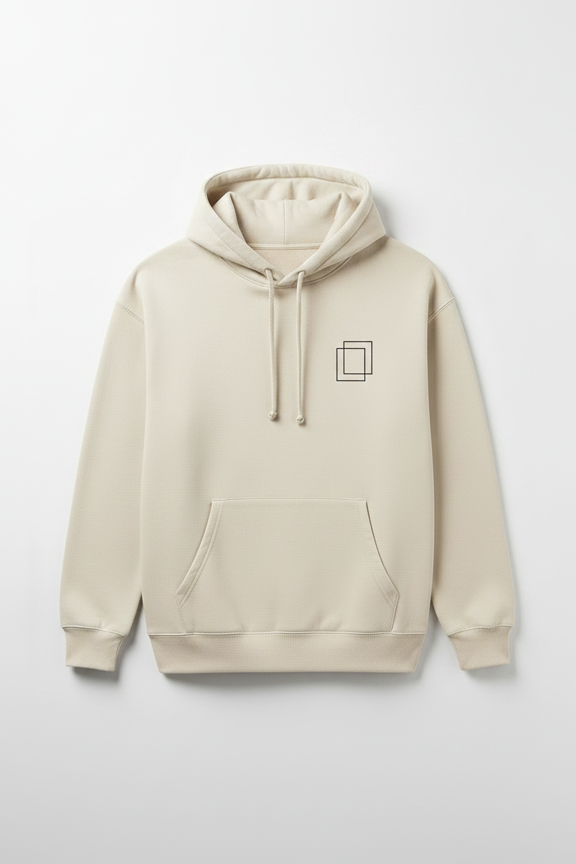 The Frame Hoodie™ Bone colorway front view with Shifting Frames symbol