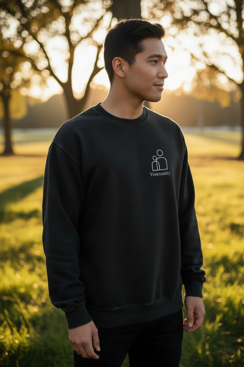 Youmanity™ Black Crewneck — Left Chest Hero